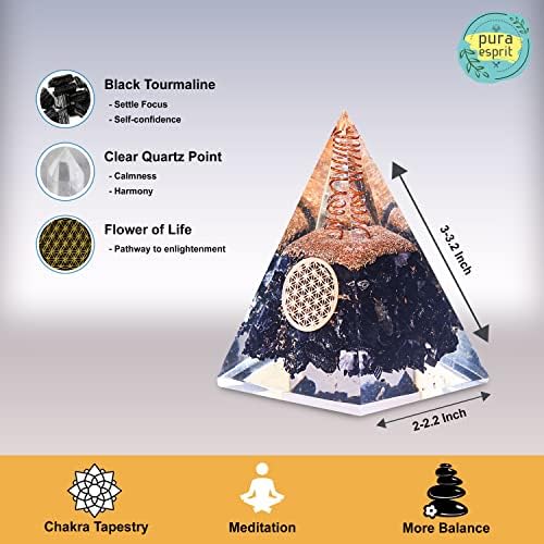 Пирамида от черен Турмалин с Кристал на Оргона Привлича Положителна Енергия - Прозрачна точка от Кристали кварц и Пирамида от Кристали