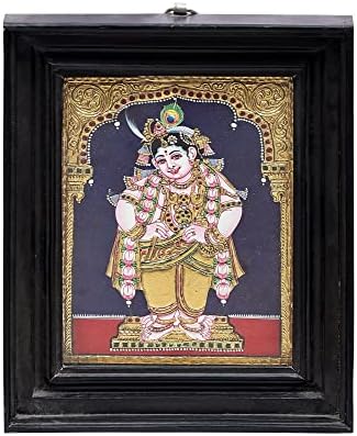 Екзотична Индия 10 x 13 Картина на бог Кришна Танджора | Традиционните Цветове С 24-Каратово злато | Рамка от Тиково дърво | Gold &