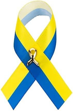 Карфици със сатенена панделка от синдром на Даун – Игли със синя и жълта лента, за да информира за синдрома на Даун - Идеална за събиране