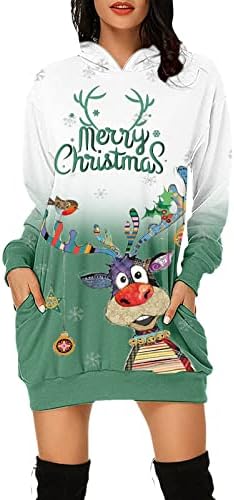 NOKMOPO Коледни Поли за жени, Дамска Мода, Коледни Качулки с джобове и принтом, Пуловер с Дълъг Ръкав, Рокля