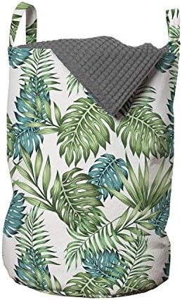 Реколта чанта за дрехи Ambesonne в ботаническата стил с Модел под формата на листа на тропическите палми в сини и зелени цветове, Кошница за дрехи с дръжки, закрывающаяс