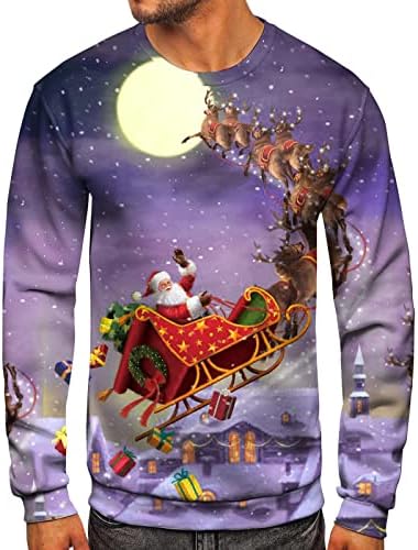 Мъжки Коледен Пуловер WOCACHI с дълъг ръкав, Коледни Върхове с кръгло деколте и Принтом Дядо Коледа, Вечер Случайни Дизайнерски Блузи