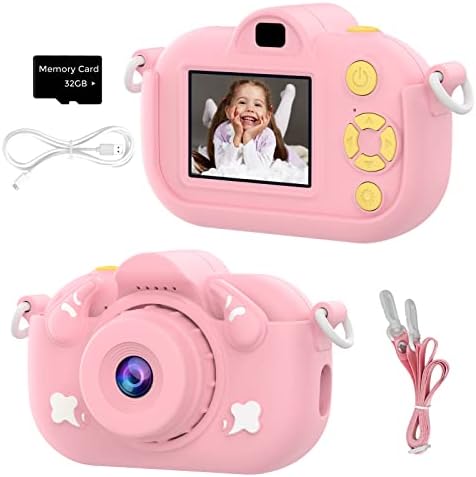 Детски Цифров фотоапарат, Цифрова Камера 1080P HD за момичета 3-9 години, Идеален Коледен подарък за Рожден Ден, Преносима камера за деца 3, 4, 5, 6, 7, 8, 9 години с SD карти 32 GB