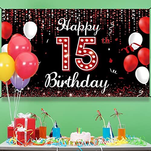 Банер на фона на 15-ти рожден ден, Декорация с 15-Тия Рожден Ден за момичета, Червено-Черно Подпори за Фотобудки за рождения Ден на 15-годишна