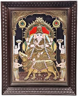 Екзотична Индия 35 x 28 Ганеша, Седнала върху картината Плъх Танджор | Традиционните цветове С 24-Каратово злато | Teakwoo
