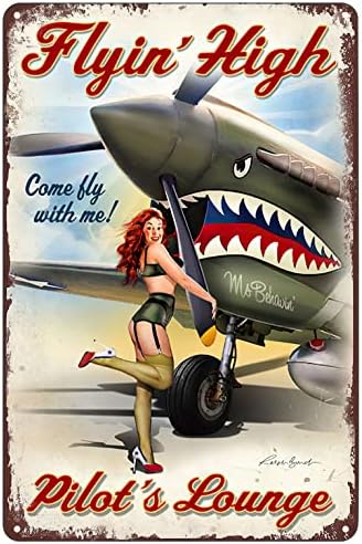 Реколта Метална Лидице Знак Pin Up Girl Flying High Pilot's Lounge Военен Плакат Стенни Художествена Дъска Декор за Домашна, Бар, Пъб,