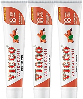 Билкова паста за зъби Vicco Vajradanti с 18 аюрведа билки и кора с вкус на канела - Опаковка от 3 броя (по 200 г всяка) - Специално опакован