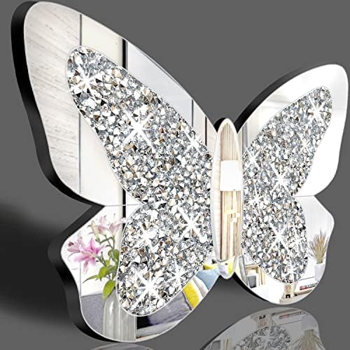 XIHACTY Голямо Огледало във формата на пеперуда за домашен интериор, сребърно огледало с счукани с кристали и диаманти, украшения във