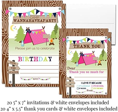 Луксозен комплект за парти в чест на рождения ден на Къмпинг Girl включва в себе си по 20 покани и благодарственных картички с конвертами